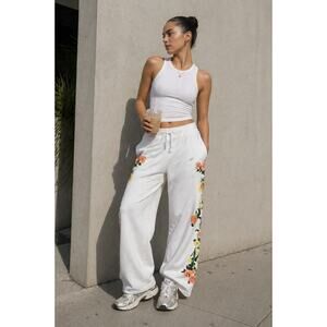 Nike Floral Sweatpants Wide Leg White XL Swoosh Lounge Athleisure